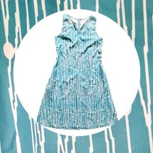 Sleeveless teal with white print dress